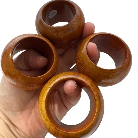 Set Of 4 Vintage MCM Boho Brown Wooden Napkin Rings Made In India - Picture 4 of 9